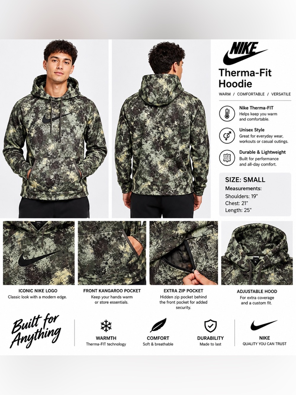 Nike Therma-FIT Camo Hoodie - Green - Sm